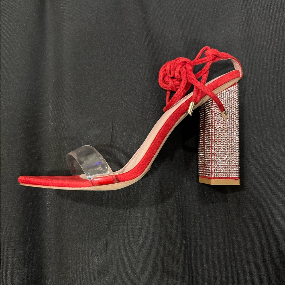 Genshuo Red Rhinestone Block Heel Sandals